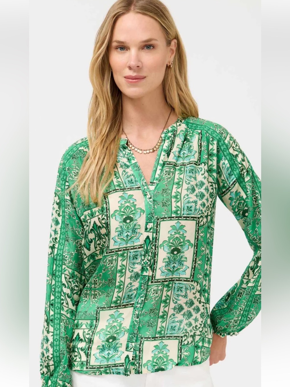 Johnny Was Emerald and White Patchwork V-Neck Blouse